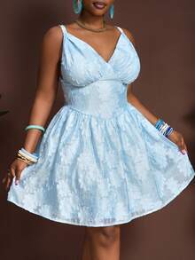 Veslaya 2025 Spring & Summer New Beach Resort Casual Blue Laser Cut Fabric Slim Waist Short Cake Skirt Dress For Plus Size Women - Blue - View 5