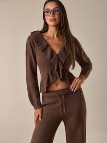 SHEIN Women's Ruffle Trim Knit Cardigan & Wide Leg Drawstring Pants Matching Lounge Set - Brown - View 5