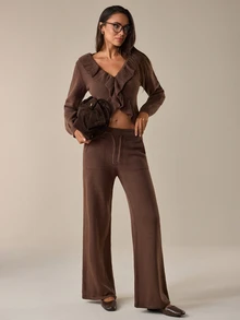 SHEIN Women's Ruffle Trim Knit Cardigan & Wide Leg Drawstring Pants Matching Lounge Set - Brown - View 4