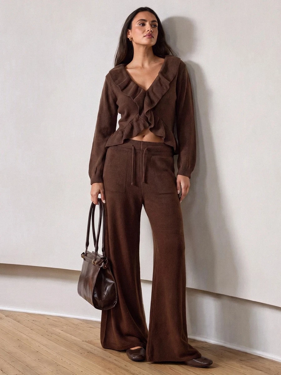 SHEIN Women's Ruffle Trim Knit Cardigan & Wide Leg Drawstring Pants Matching Lounge Set - Brown - View 1