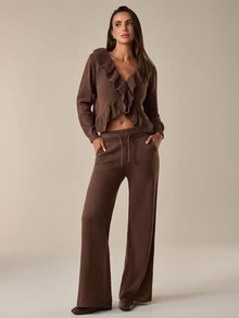 SHEIN Women's Ruffle Trim Knit Cardigan & Wide Leg Drawstring Pants Matching Lounge Set - Brown - View 6