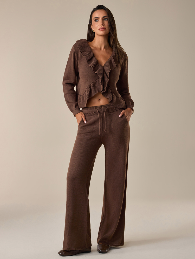 SHEIN Women's Ruffle Trim Knit Cardigan & Wide Leg Drawstring Pants Matching Lounge Set - Brown - View 6