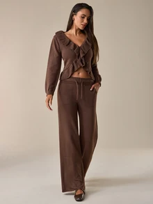 SHEIN Women's Ruffle Trim Knit Cardigan & Wide Leg Drawstring Pants Matching Lounge Set - Brown - View 3