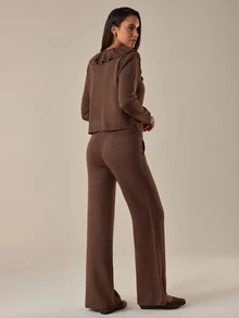 SHEIN Women's Ruffle Trim Knit Cardigan & Wide Leg Drawstring Pants Matching Lounge Set - Brown - View 2