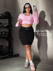 Flexra Plus Size Women's Summer Casual Criss-Cross Waist Elastic Denim Mini Skirt - Black - View 7