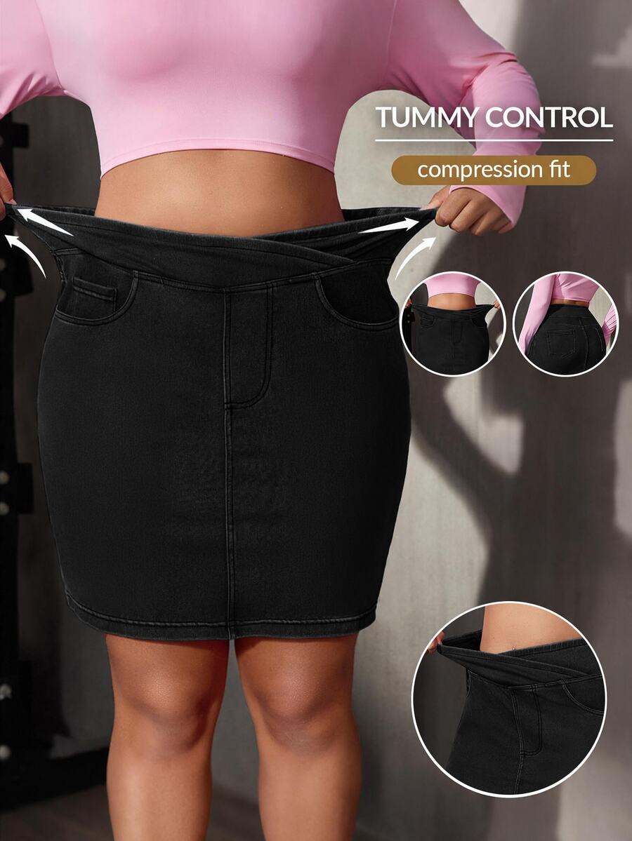 Flexra Plus Size Women's Summer Casual Criss-Cross Waist Elastic Denim Mini Skirt - Black - View 1