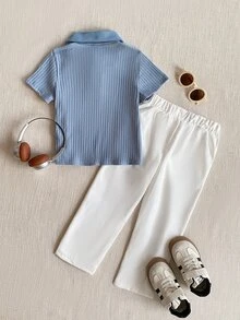 PrepCrw Young Boy Collegiate Style Blue Short Sleeve Polo Shirt And White Long Pants Set - Multicolor - View 3