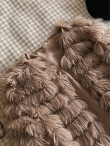 SHEIN Elladie kids Tween Girl Fleece Fall Solid Color Long Sleeve Open Front Fuzzy Coat, Holiday - Khaki - View 7