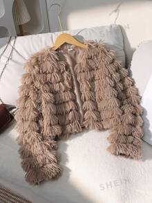 SHEIN Elladie kids Tween Girl Fleece Fall Solid Color Long Sleeve Open Front Fuzzy Coat, Holiday - Khaki - View 4