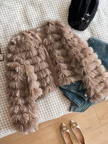 SHEIN Elladie kids Tween Girl Fleece Fall Solid Color Long Sleeve Open Front Fuzzy Coat, Holiday - Khaki - View 2