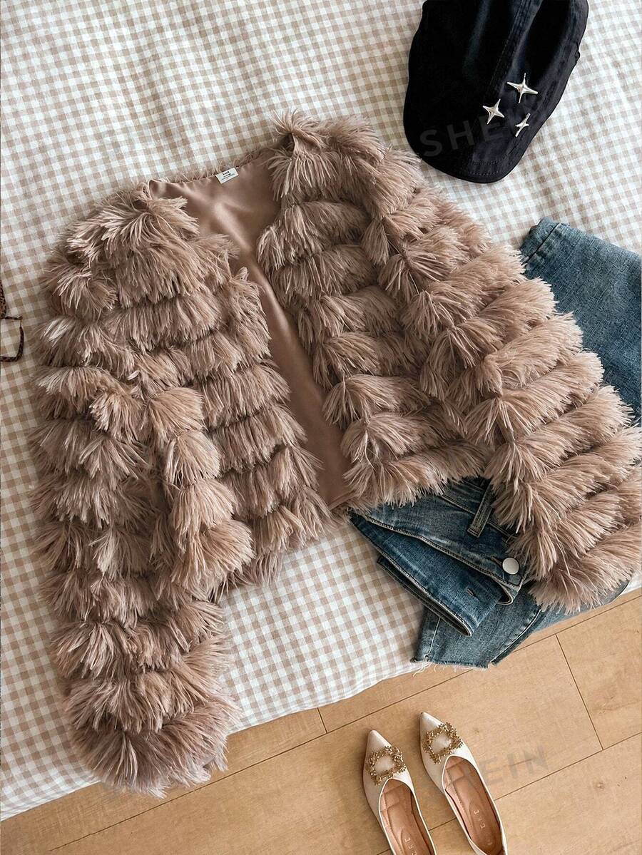 SHEIN Elladie kids Tween Girl Fleece Fall Solid Color Long Sleeve Open Front Fuzzy Coat, Holiday