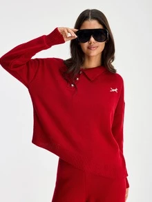 SHEIN Preppy minimalistisches lässiges einfaches 2-teiliges Set aus Acrylstrick, Pullover mit Polokragen, lockere weite Strickhose, Lounge, Dunkelrot, Winter, Alltag - Bordeaux - Übersicht 9