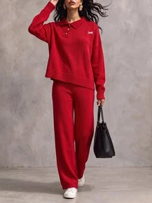 SHEIN Preppy minimalistisches lässiges einfaches 2-teiliges Set aus Acrylstrick, Pullover mit Polokragen, lockere weite Strickhose, Lounge, Dunkelrot, Winter, Alltag - Bordeaux - Übersicht 2
