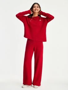 SHEIN Preppy minimalistisches lässiges einfaches 2-teiliges Set aus Acrylstrick, Pullover mit Polokragen, lockere weite Strickhose, Lounge, Dunkelrot, Winter, Alltag - Bordeaux - Übersicht 7