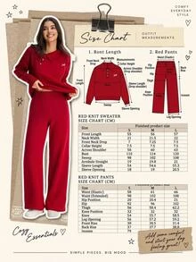 SHEIN Preppy minimalistisches lässiges einfaches 2-teiliges Set aus Acrylstrick, Pullover mit Polokragen, lockere weite Strickhose, Lounge, Dunkelrot, Winter, Alltag - Bordeaux - Übersicht 4