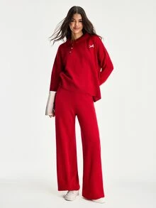 SHEIN Preppy minimalistisches lässiges einfaches 2-teiliges Set aus Acrylstrick, Pullover mit Polokragen, lockere weite Strickhose, Lounge, Dunkelrot, Winter, Alltag - Bordeaux - Übersicht 10