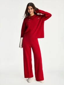 SHEIN Preppy minimalistisches lässiges einfaches 2-teiliges Set aus Acrylstrick, Pullover mit Polokragen, lockere weite Strickhose, Lounge, Dunkelrot, Winter, Alltag - Bordeaux - Übersicht 3