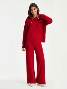 SHEIN Preppy minimalistisches lässiges einfaches 2-teiliges Set aus Acrylstrick, Pullover mit Polokragen, lockere weite Strickhose, Lounge, Dunkelrot, Winter, Alltag - Bordeaux - Übersicht 6