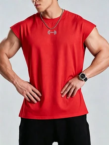 Gym Rark Reflective Line Minimalist Print Fitness Sleeveless Tank Top Men's Sports Muscle Training Running Loose Fit T-Shirt, Gym,Feel,Sporty Style - Red - View 3