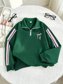 Genkimix Kids Girls Cute Bow Embroidery Quarter Zip Sweatshirt, Contrast Striped Long Sleeve Emerald Green Preppy Autumn Sweatshirt - Dark Green - View 5