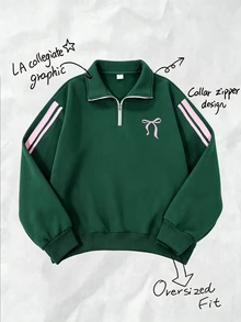 Genkimix Kids Girls Cute Bow Embroidery Quarter Zip Sweatshirt, Contrast Striped Long Sleeve Emerald Green Preppy Autumn Sweatshirt - Dark Green - View 6