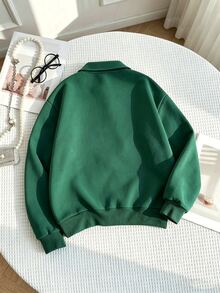 Genkimix Kids Girls Cute Bow Embroidery Quarter Zip Sweatshirt, Contrast Striped Long Sleeve Emerald Green Preppy Autumn Sweatshirt - Dark Green - View 4