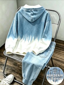 2件組青少年男孩連帽衛衣與長褲套裝 街頭風 藍白漸層字母印花 長袖連帽 抓絨內裡 秋冬 Y2K - 彩色 - 查看 2