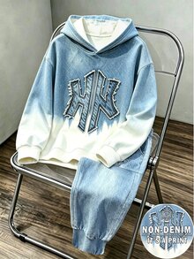 2件組青少年男孩連帽衛衣與長褲套裝 街頭風 藍白漸層字母印花 長袖連帽 抓絨內裡 秋冬 Y2K - 彩色 - 查看 8
