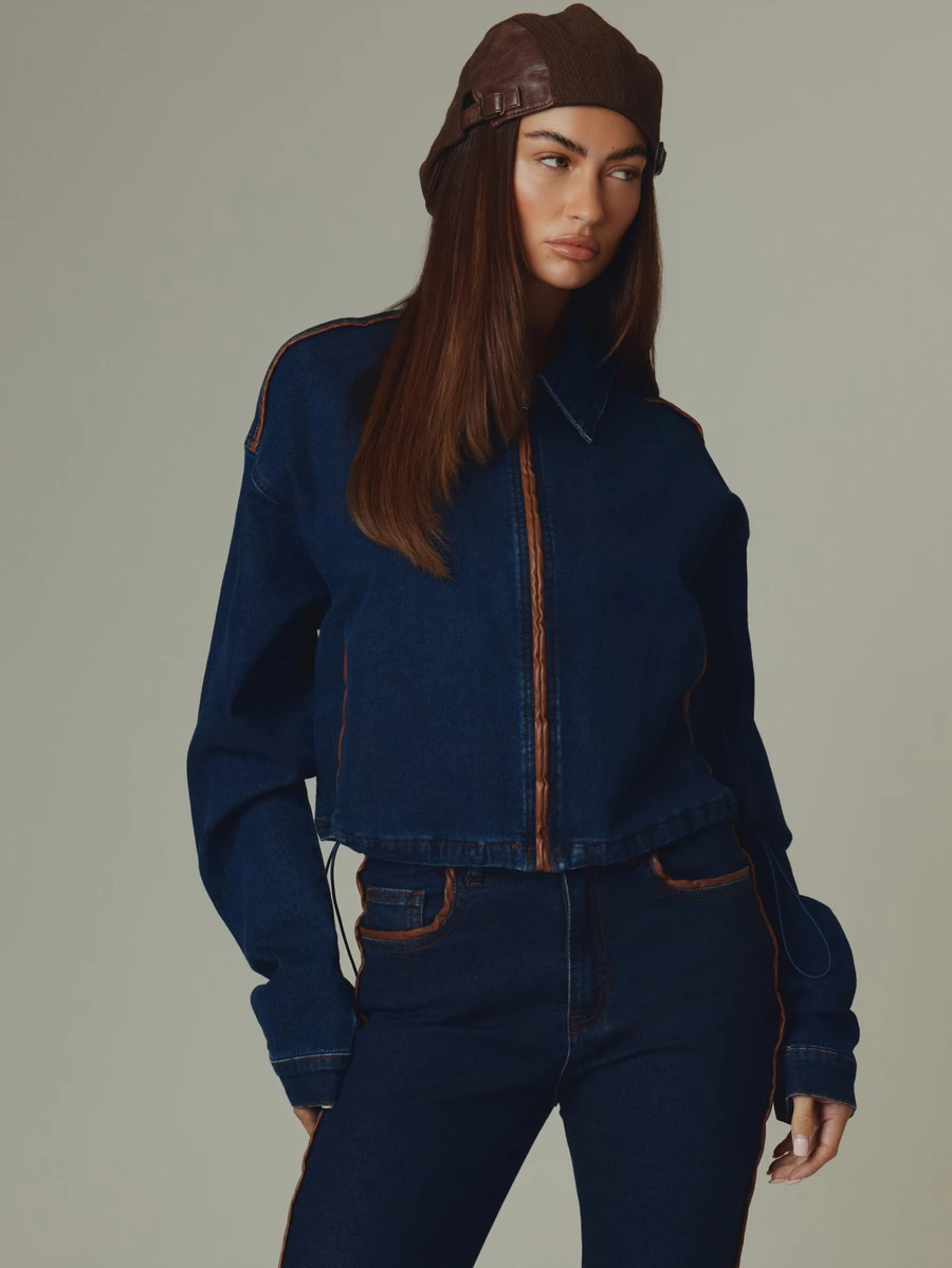 MUSERA Contrast Detail Denim Long Sleeve Zip Up Jacket Fall Autumn ...