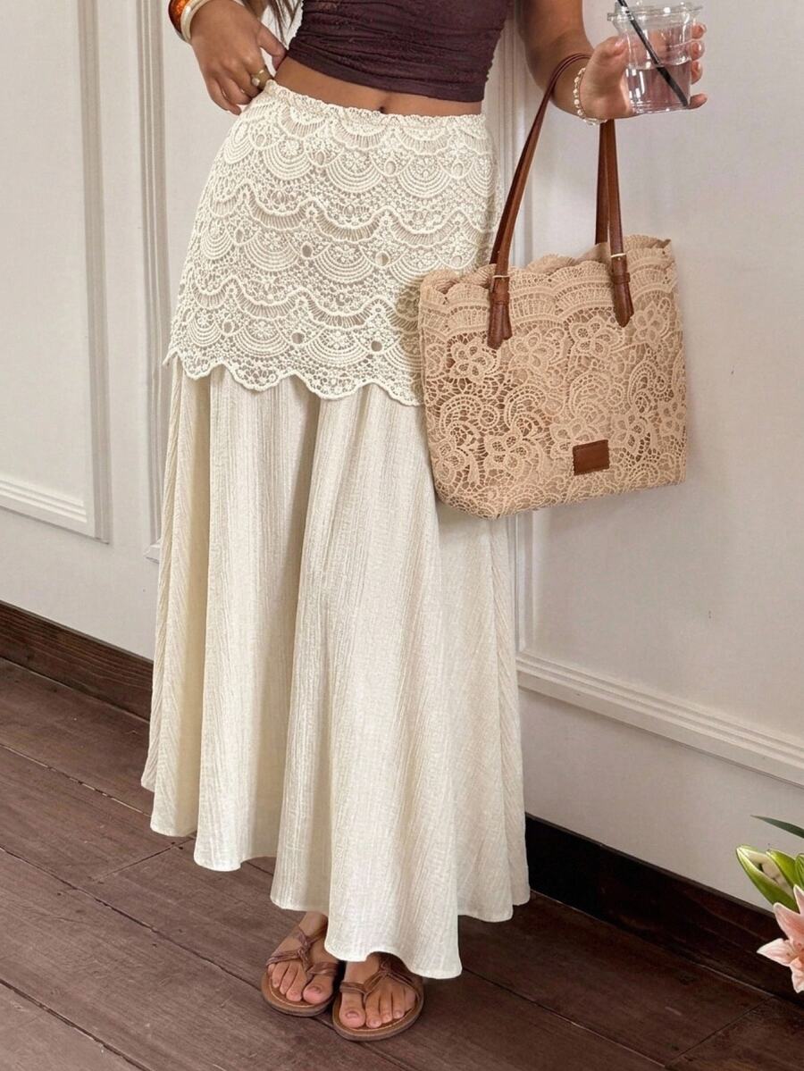 Serisse Women's Lace Trim Patchwork Skirt - Apricot - View 1