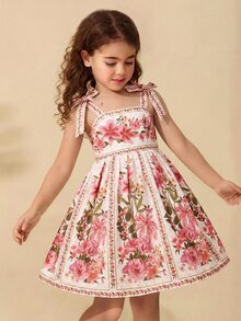 SHEIN Young Girl Woven Floral Ruched Camisole Dress, Young Girls - Multicolor - View 1
