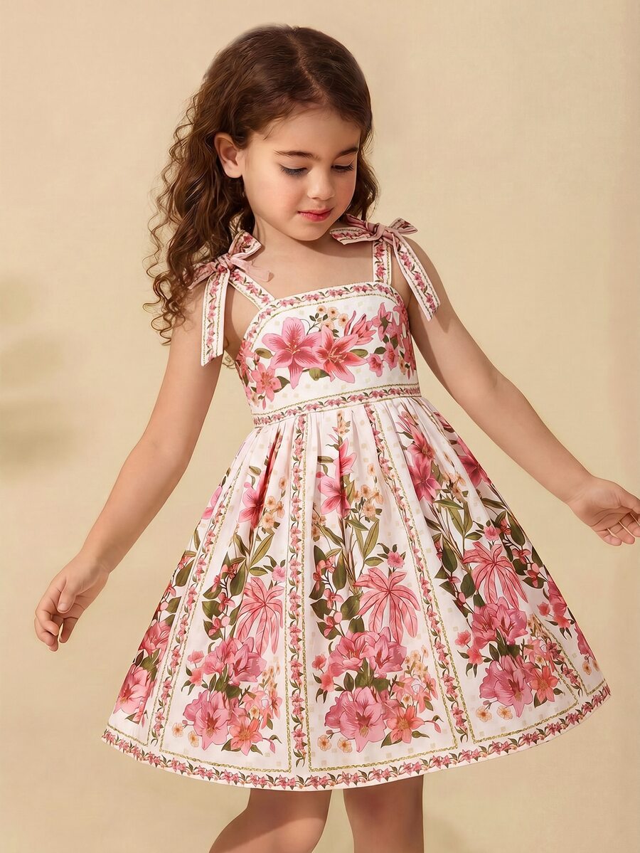 SHEIN Young Girl Woven Floral Ruched Camisole Dress, Young Girls - Multicolor - View 1