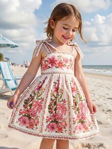 SHEIN Young Girl Woven Floral Ruched Camisole Dress, Young Girls - Multicolor - View 4