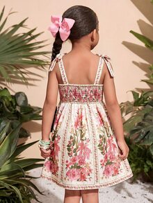 SHEIN Young Girl Woven Floral Ruched Camisole Dress, Young Girls - Multicolor - View 3
