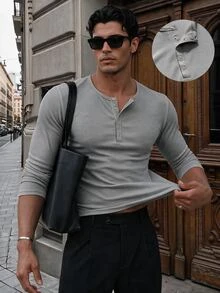 SIGLOCORE Men's Casual Versatile Slim Fit Charming Handsome Grey Ribbed Design Long Sleeve T-Shirt - Grey - View 2