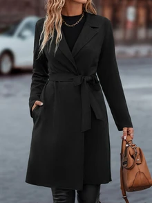 SHEIN LUNE Lapel Neck Slant Pockets Open Front Belted Coat Fall Winter Cloth For Women - Black - View 4