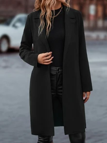 SHEIN LUNE Lapel Neck Slant Pockets Open Front Belted Coat Fall Winter Cloth For Women - Black - View 6