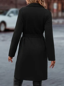 SHEIN LUNE Lapel Neck Slant Pockets Open Front Belted Coat Fall Winter Cloth For Women - Black - View 2