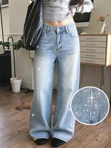Rivivi Y2K Women's Outdoor Street Fashion All-Season Large Rhinestone Blue Denim Wide Leg Pants - Light Wash - View 11