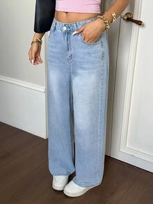 Rivivi Y2K Women's Outdoor Street Fashion All-Season Large Rhinestone Blue Denim Wide Leg Pants - Light Wash - View 3