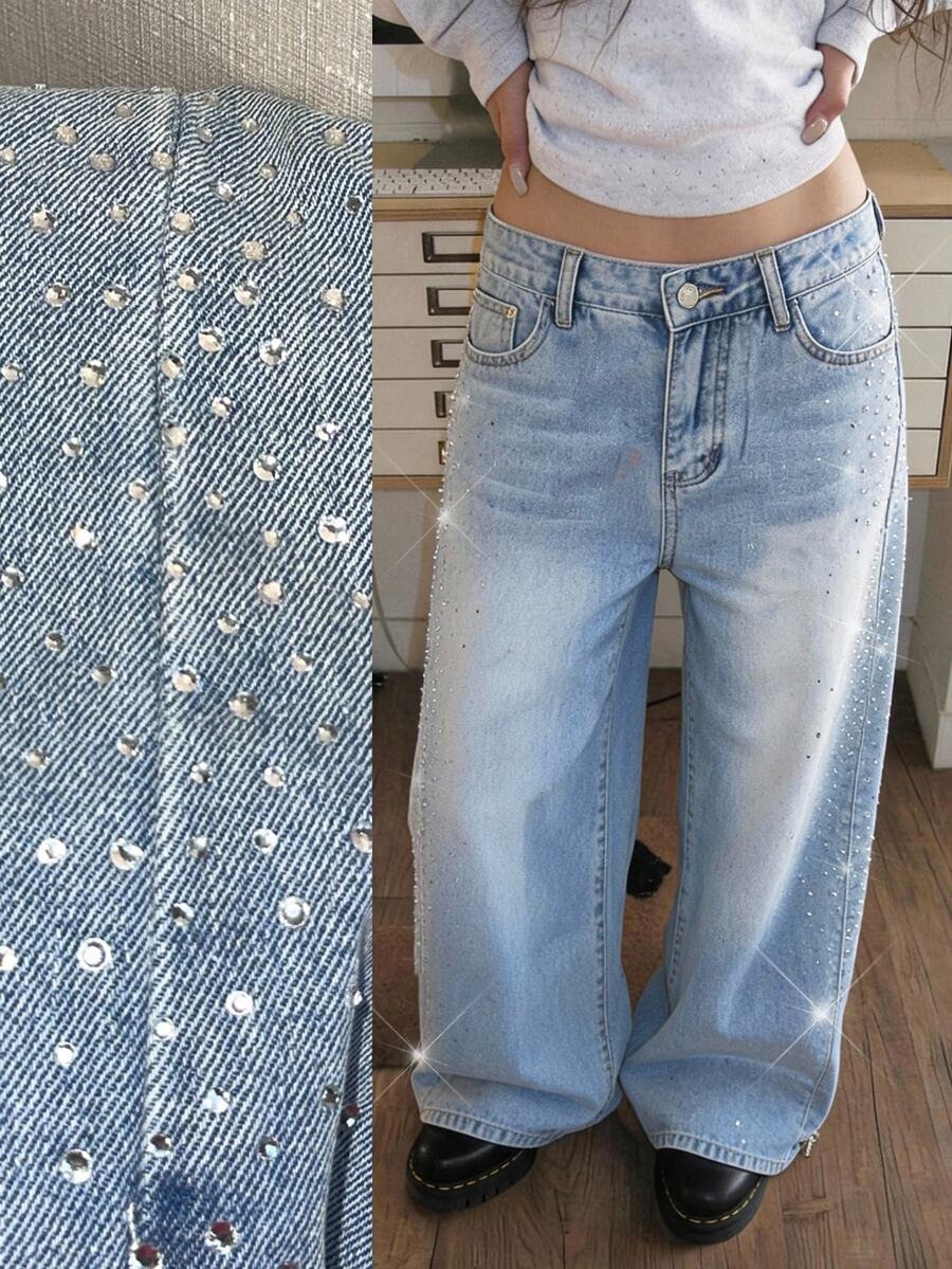 Rivivi Y2K Women's Outdoor Street Fashion All-Season Large Rhinestone Blue Denim Wide Leg Pants - Light Wash - View 1