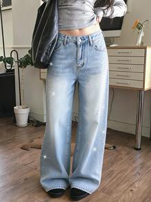 Rivivi Y2K Women's Outdoor Street Fashion All-Season Large Rhinestone Blue Denim Wide Leg Pants - Light Wash - View 12