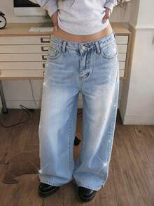 Rivivi Y2K Women's Outdoor Street Fashion All-Season Large Rhinestone Blue Denim Wide Leg Pants - Light Wash - View 10