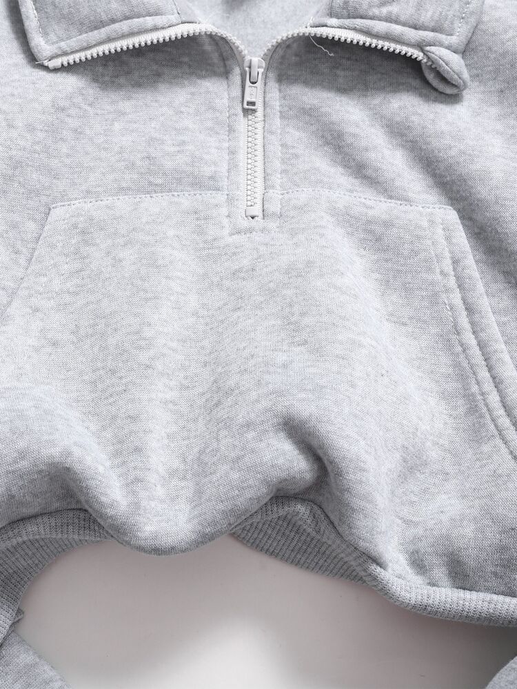 SHEIN Tween Contrast Color Half-Zip Collar Ribbed Hem & Leggings Set - Grey - View 3