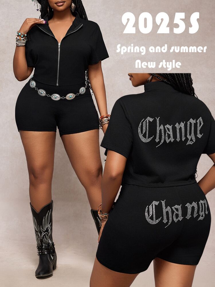 Veslaya 2 Pcs/Set Women Plus Size Leisure Casual Outfit,Black Summer Western Concert,2025 Spring Lettering Rhinestones Zipper Short Sleeve Top&Elastic Shorts - Black - View 8