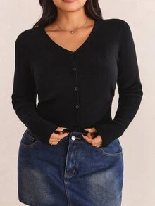 CovetEZ Plus Size Lightweight Knit Air Conditioning Cardigan With Fine Needles, For Autumn Date Night Black Sexy Winter - Black - View 8