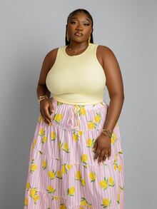 CurvyTilda 大尺碼女款純色圓領背心上衣與檸檬條紋印花長裙兩件套 度假海灘奶油黃檸檬夏季 - 彩色 - 查看 2