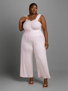 CurvyTilda Plus Size Women's Contrast Lace Tank Top And Pants Casual 2 Pieces Set - Pink - View 1