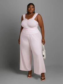 CurvyTilda Plus Size Women's Contrast Lace Tank Top And Pants Casual 2 Pieces Set - Pink - View 3