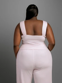CurvyTilda Plus Size Women's Contrast Lace Tank Top And Pants Casual 2 Pieces Set - Pink - View 5